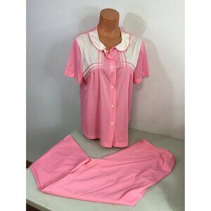Vintage Pink Pajamas Set 2pc Shirt Pants Nylon Made USA Womens Large